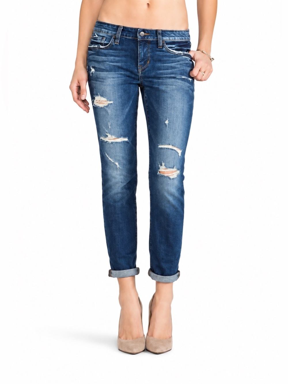 AG THE STILT Cigarette Leg Jeans in Distressed Denim Y2K Fitted Stretch Denim